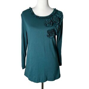 Van Heusen Floral‎ Applique Top Womens L Green Ruffle Feminine Romantic Blouse